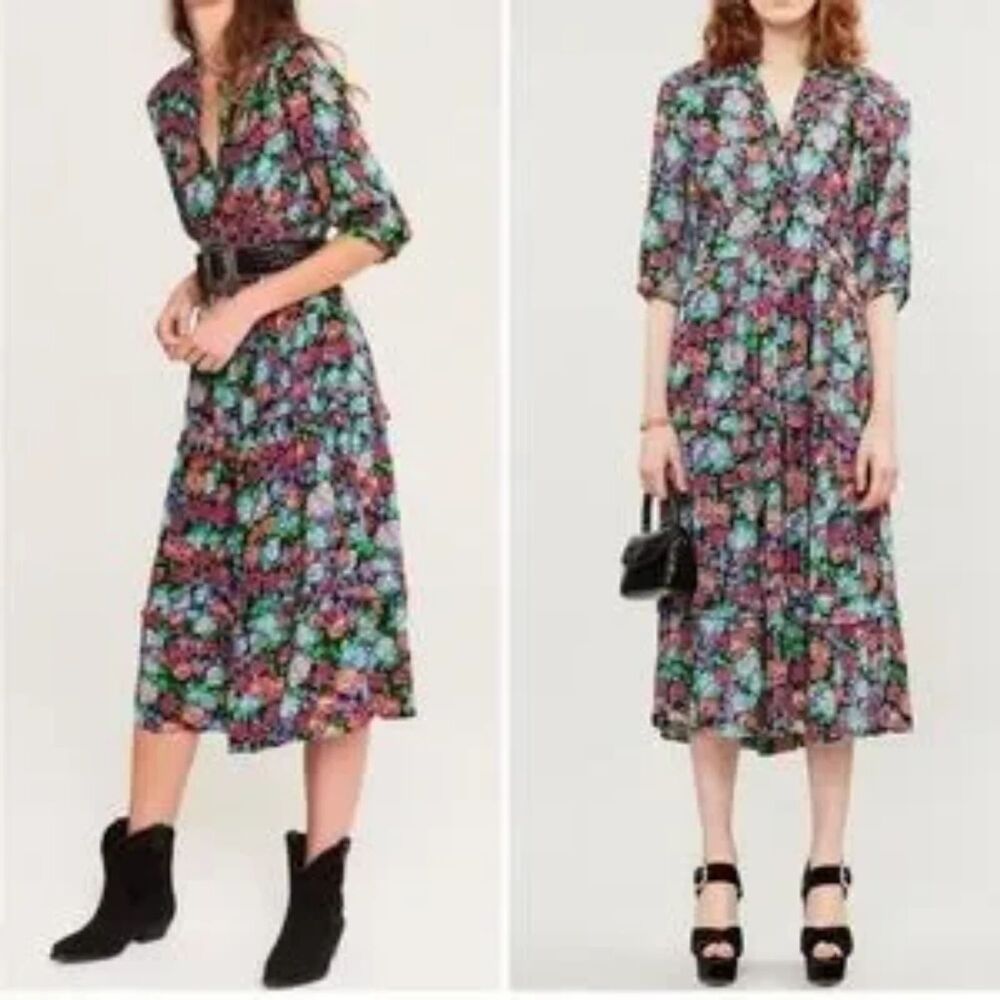 Ba&sh Paris Black Panda bright‎ floral ruffle metallic midi dress Size 8/MEDIUM